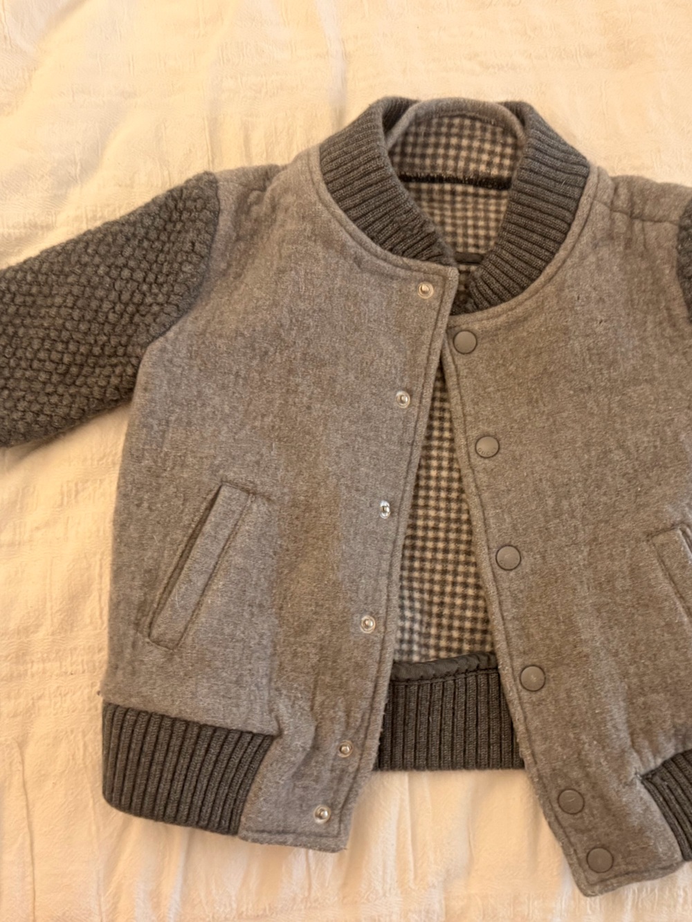 Gucci Baby Gray Wool Knit Sleeve Varsity Jacket 18/24M Made Italy